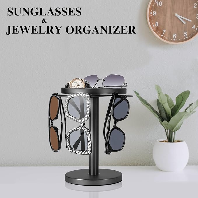 kondyfayo 360 Rotating Sunglass Organizer Glasses Holder (Titanium Black) | Stainless Steel Stand with 360 Rotation Holds 9 to 12 Pairs. Top Tray Stores Rings, and Keys for Desk, Dresser, Nightstand