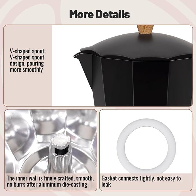 3 Cup Aluminum Moka Pot Classic Stovetop Espresso Coffee Maker 150ml 5oz Coffeemaker Percolator Mocha Pot Greca Coffee Maker Cafe Makers for Italian and Cuban Café Brewing Black