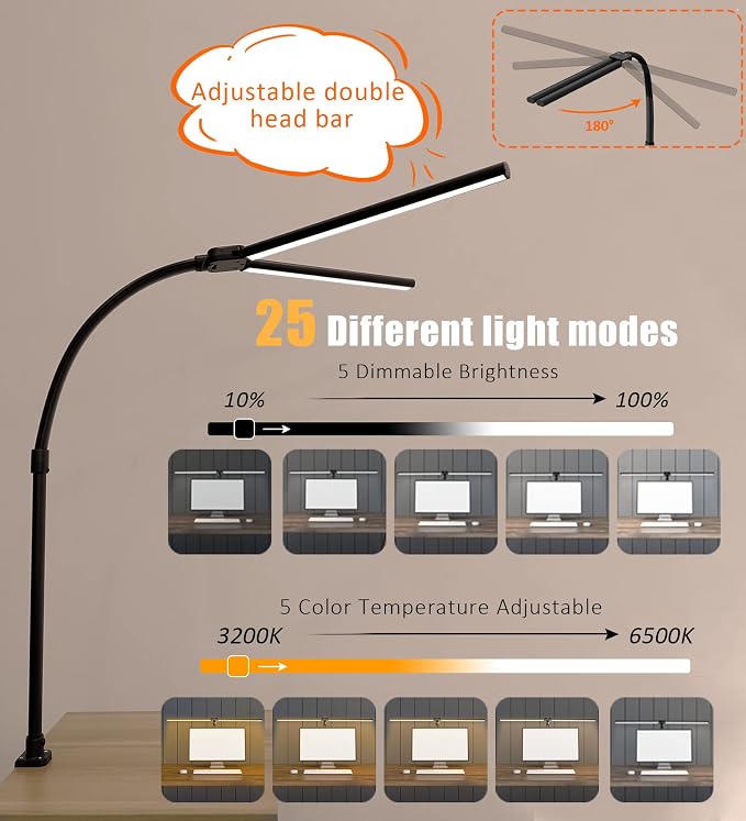 Double Head LED Desk Lamp, Architect Desk Lamps for Home Office, 24W Brightest Workbench Office Lighting-5 Color Modes and 5 Dimmable Eye Protection Modern Desk Lamp for Monitor Reading