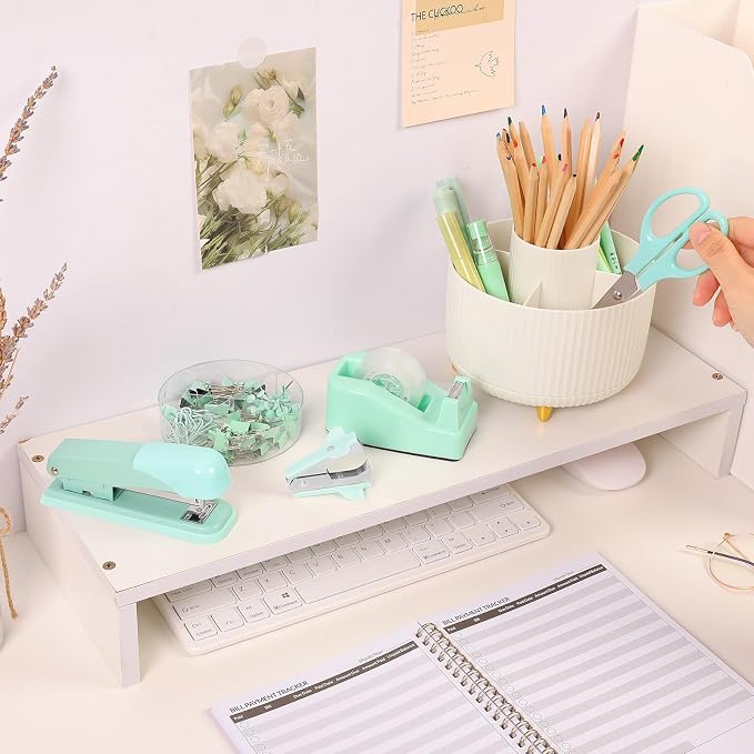 SKYDUE Teal Office Supplies Set, Office Desk Accessories 10Pcs, Pencil Holder for Desk, Stapler, Tape Dispenser, Scissors, Clips and 1000pcs Staples, School Supplies for Teacher