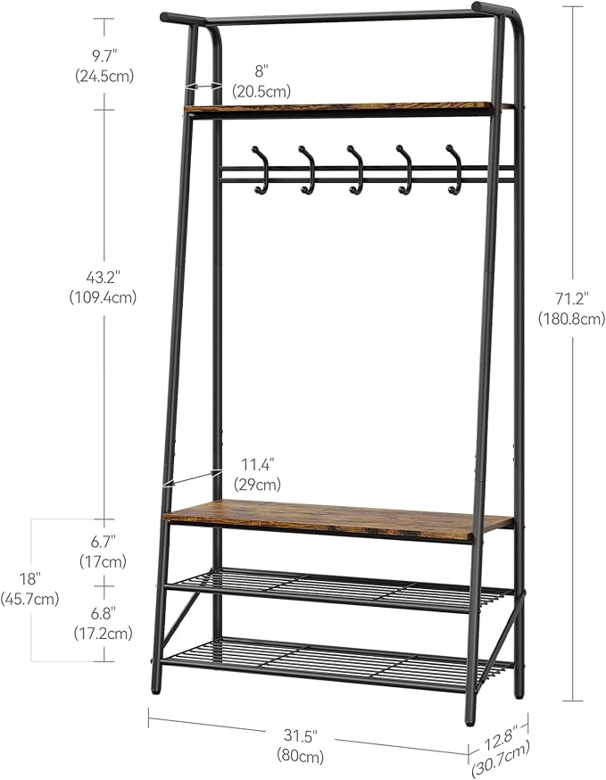 Coat Rack Hall Tree with Shoe Storage Bench, 4-in-1 Entryway Organizer, 5 Hooks & 3-Tier Shoe Rack, Freestanding Metal Frame for Hallway, Front Door