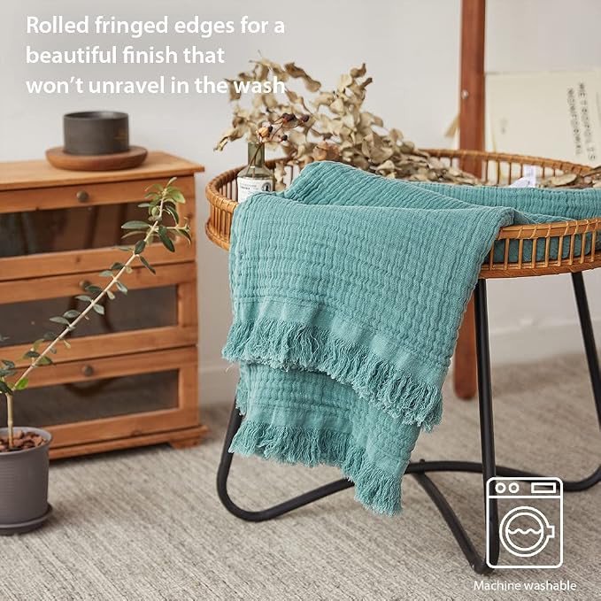 Simple&Opulence Cotton Muslin Throw Blanket for Bed, Couch, Knit Woven Gauze Blanket with Tassels, Soft Lightweight Cozy Pre-Washed Breathable Farmhouse Decoration for All-Season (Dark Green)