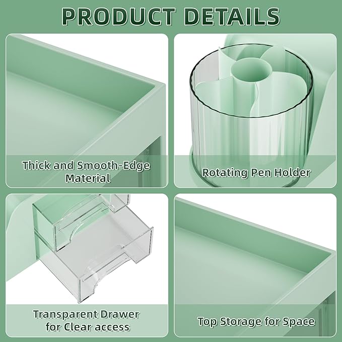 Marbrasse Desk Organizer with 2 Drawer, 360°Rotating Pen Holder, Desk Organizers and Accessories with 6 Slots Pencil Holder + 2 Drawer, Art Supply Storage Box Caddy for Office (Green)