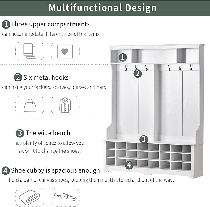 RUNNA Stylish Versatile 60" Wide Coat Rack with Metal Black Hooks and 24 Shoe Cubbies,Hall Tree with 3 Top Shelves and Bench,for Hallway Entryway Mudroom Use (White@e)