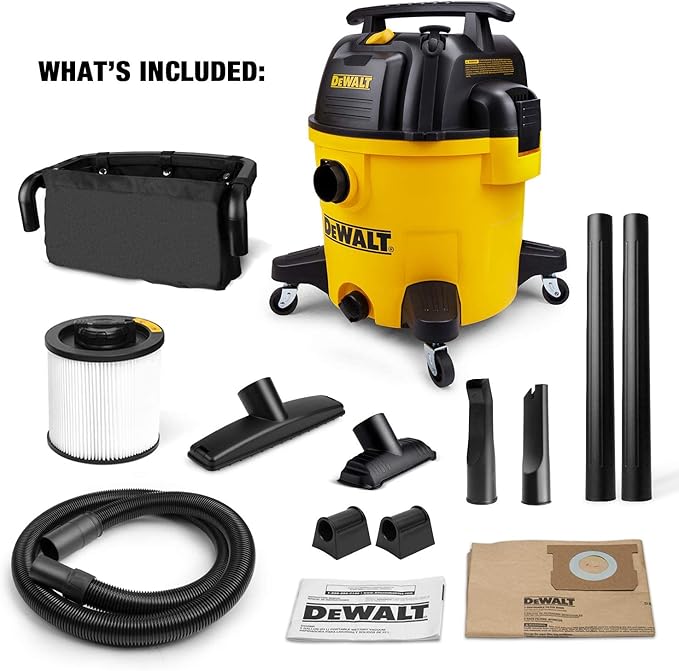 DEWALT 10 Gallon Shop Vacuum Wet and Dry, 5.5 Peak HP Poly Wet Dry Vacuum Cleaner with Attachments, 2-Stage Motor, Portable Handle/Caster with Drain Blower, DXV10PZ for Car, Garage, Workshop, Pet Hair