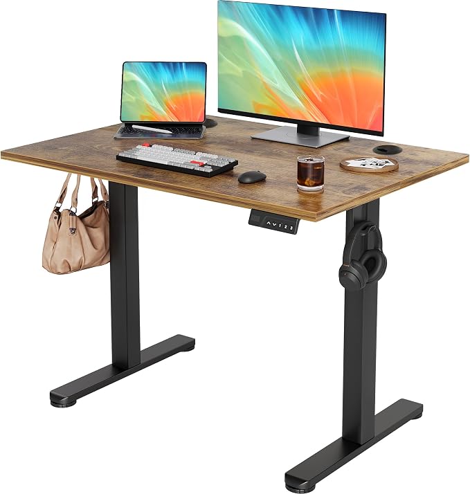 YDN 40 x 24 Inch Rustic Brown Electric Standing Desk | Adjustable Height, Sit Stand, Cable Management, Ergonomic, Home Office
