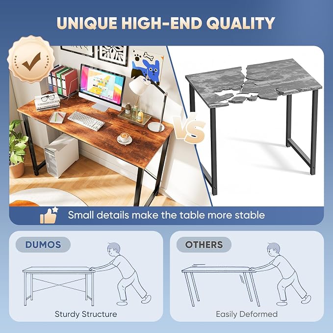 DUMOS 47 Inch Small Computer Desk, Gaming Desks for Home Office Bedroom | Modern Study Writing Work Table, Craft PC Desk Simple Workstation with Reinforcement Structure, Rustic Brown