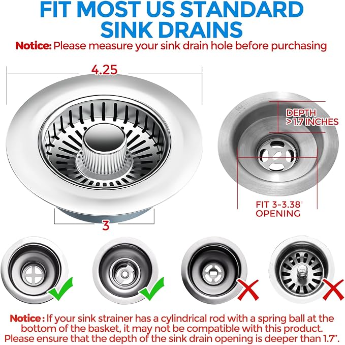 zaa 3 in 1 Kitchen Sink Drain Strainer Stopper Removable Basket Pop-Up | Kitchen Sink Accessories 2 Pack Brushed Silver Stainless - Food Catcher, Odor-Blocking Seal, Fits 3.5" Drain