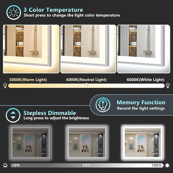 40x32 Brushed Nickel LED Bathroom Mirror with Lights, Sliver Framed Backlit and Front Lit Anti-Fog Lighted Vanity Mirrors for Bathroom Wall, Dimmable, 3 Colors, Memory, Tempered Glass, CRI＞90