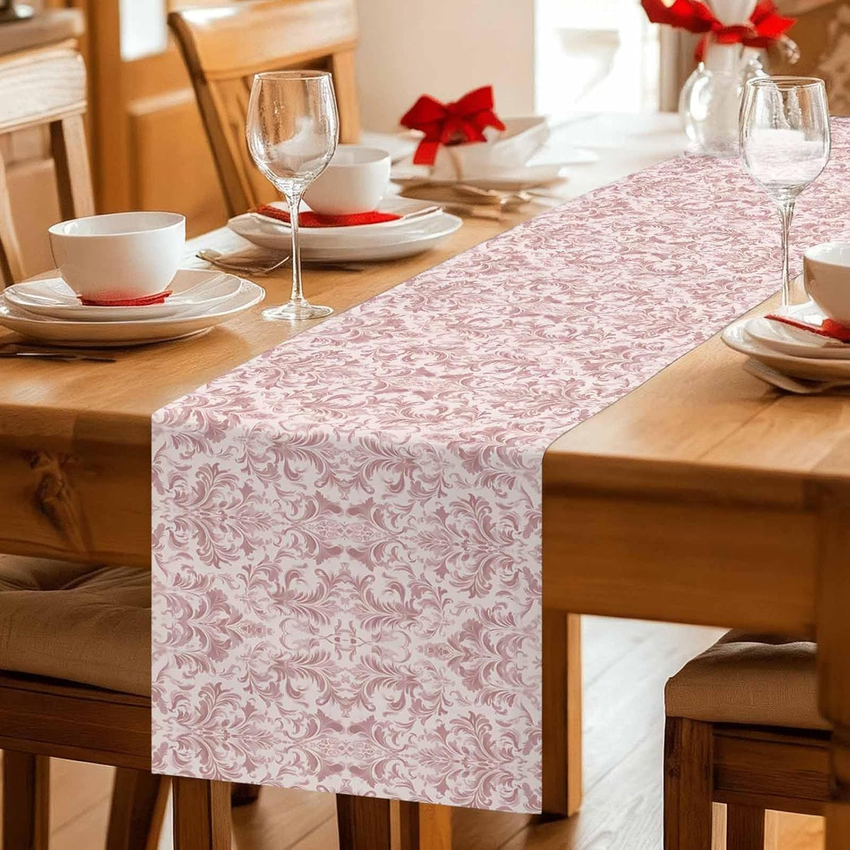 Pink Baroque Table Runner 70 Inches Long, Kitchen Dining Table Decoration, Farmhouse Scroll Floral Damask Patterned Coffee Tablerunner Dress Scarves Farmhouse Décor for Party, Holiday, 13 x 70