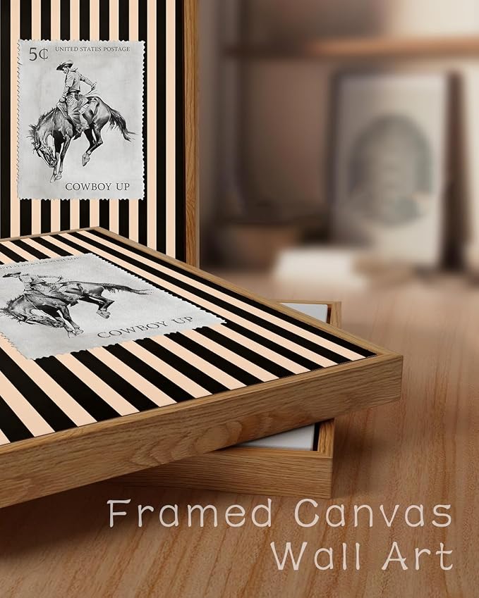 ZZLWBKGL Western Wall Decor Cowboy Canvas Art Vintage Framed Wall Art | Farmhouse Striped Artwork Retro Country West Stamp Picture Bucking Bronco Paintings for Living Room Bedroom 8x10in