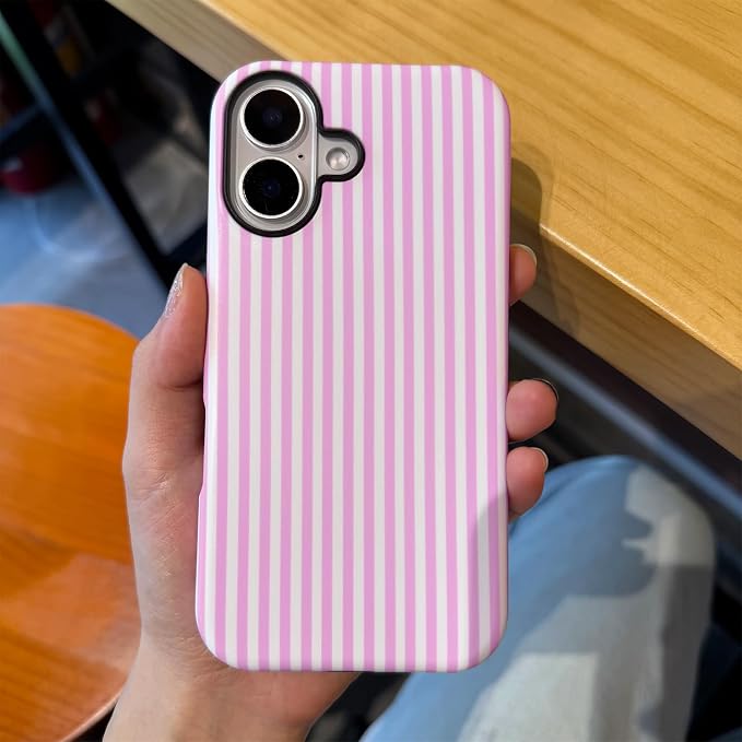 for iPhone 16 Case Striped Cute Aesthetics Phone Case Trendy Protective Shockproof Cover for iPhone 16 Pink White