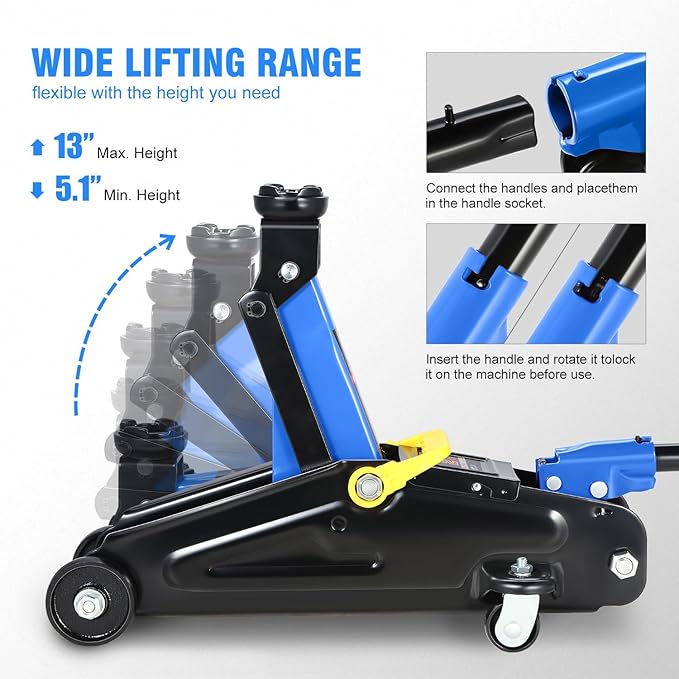 PM PERFORMOTOR Low Profile Hydraulic Trolley Service/Floor Jack, 2 Ton (4000 lbs) Capacity, Lifting Range 5.1"-13",Blue,PM-TOL-FJ20-BL
