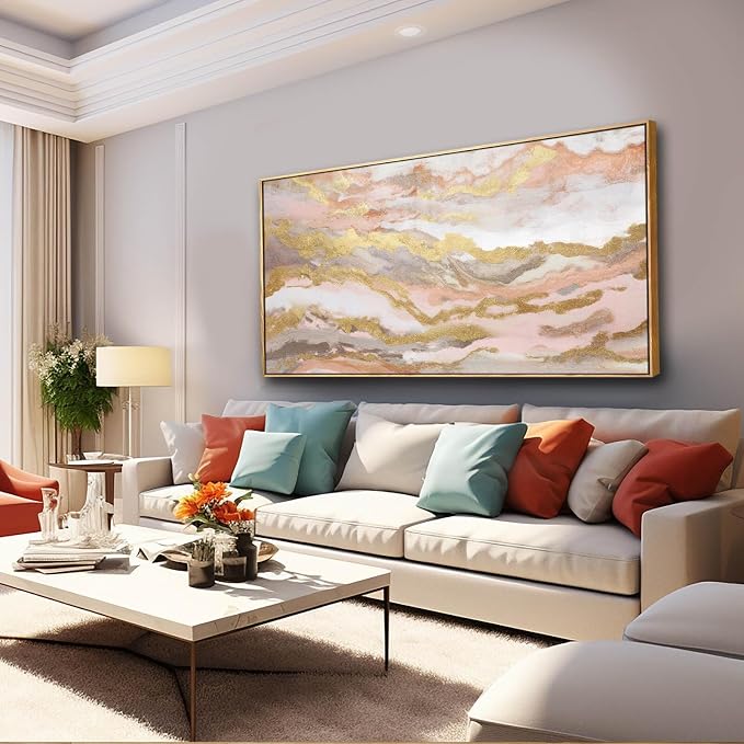 YJYart Canvas Wall Art Gold Living Room Decor Pink Canvas Art Room Decor for Teen Girls Home Decor Abstract Paintings for Bedroom Office Kitchen 24"x 48"