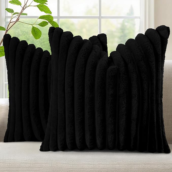 decorUhome Fall Faux Fur Throw Pillow Covers 24x24 Set of 2 Black | Decorative Soft Cozy Striped Plush Modern Farmhouse Boho Couch Pillow Cases Velvet Back for Sofa Bed Living Room Home Decor