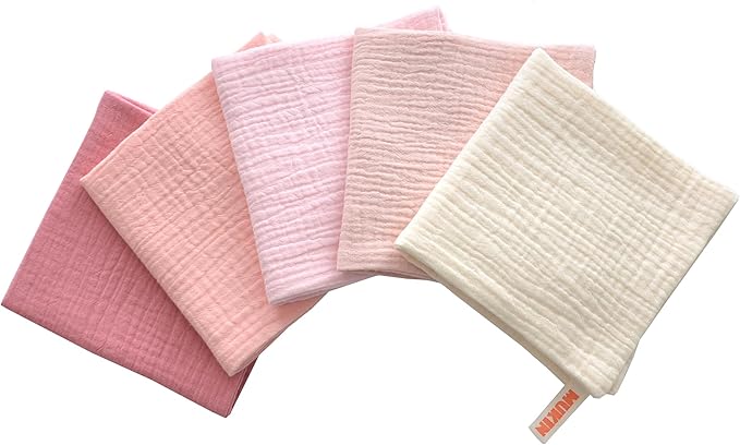 MUKIN Baby Washcloths,Muslin Burp Cloths Towels for Newborns,Absorbent Cotton Bath Face Towel ，5 Pack, 12x12 Inches (Rosy Embrace)