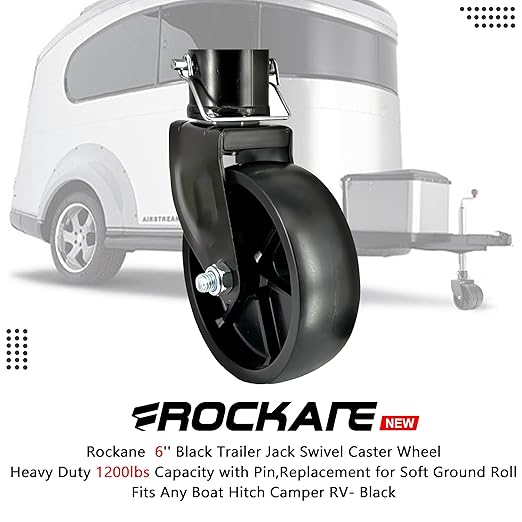 Rockane 6" Black Trailer Jack Swivel Caster Wheel Replacement, Heavy Duty 1200lbs Capacity with Pin for Soft Ground Roll, Fits Any Boat Hitch Camper RV, Durable Poly Material