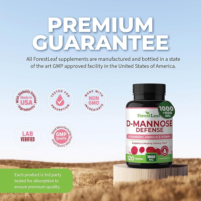 ForestLeaf D Mannose 1000mg Capsules - D-Mannose with Cranberry, Hibiscus & VIT C, Urinary Tract Health for Women and Men, DMannose Pills for UTI, Urinary Health & Bladder Support 120 Capsules