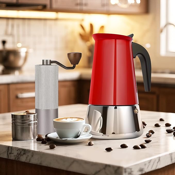 9 Cup Stainless Steel Moka Pot, 450ml Stovetop Espresso Maker, Red | 304 Stainless Steel Mocha Pot, Induction Compatible, Greca de Cafe, Cuban and Italian Coffee Maker