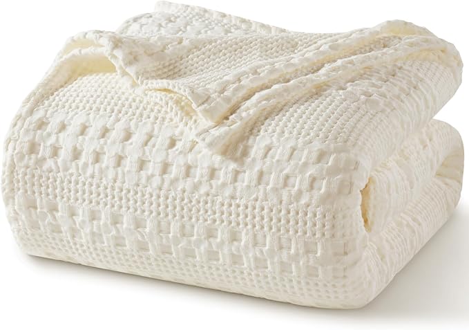 PHF 100% Cotton Waffle Weave Blanket King Size, Lightweight Breathable Summer Blanket for Hot Sleepers, Pre-Washed Soft Layer for Bed, Couch, Home Decor Gift, 108"x90", Ivory
