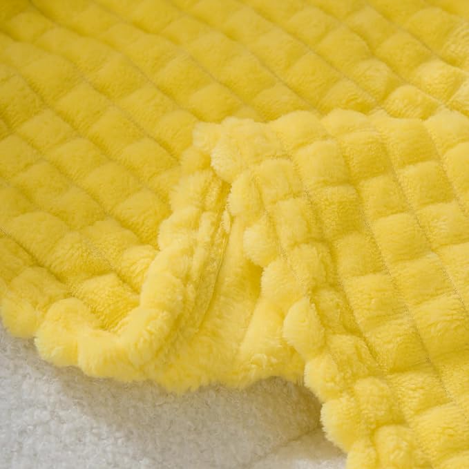 Puncuntex Fleece Throw Blanket Bright Yellow 60"×80"with Square Grid Design | Super Soft Plush Cozy Flannel Throw Blanket Luxury for Couch Sofa Chair