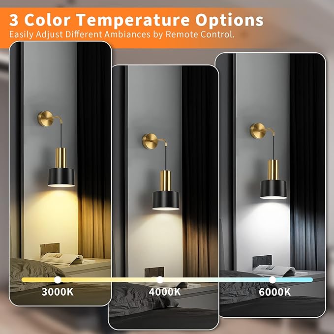 VerRon Set of 2 Battery Operated Wall Sconces, Wireless Wall Lights with Remote, Black & Gold Dimmable Wall Lamps with 3000K/4000K/6000K LED Bulbs, Modern Sconces for Bedroom Living Room Hallway