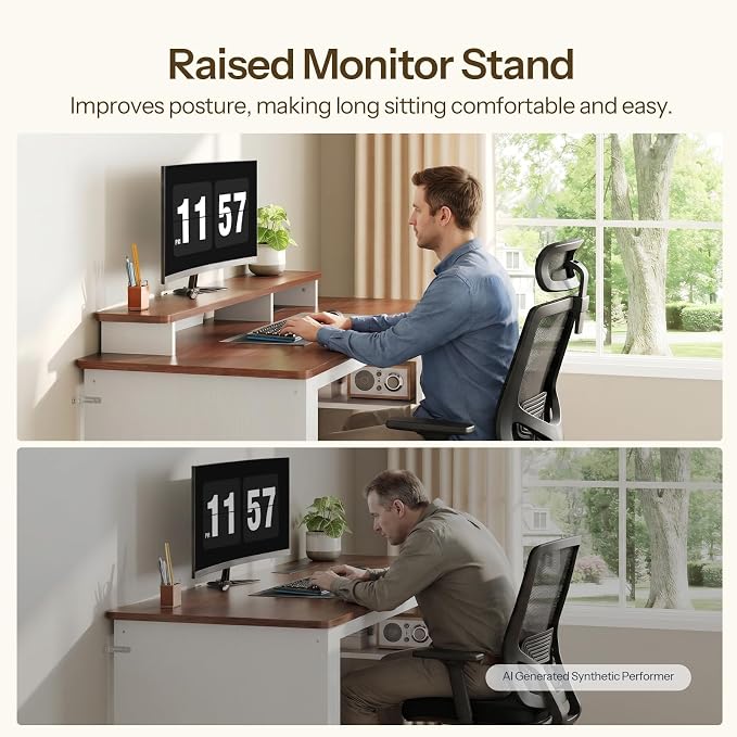 HOOBRO Farmhouse Computer Desk, Office Desk with Charging Station, Executive Desk with Monitor Stand & Adjustable Shelf, Small Desk for Small Space, Study, Living Room, White and Walnut WH85UDN01