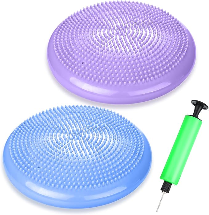 2 Pcs Wiggle Seat Inflated Wobble Cushion Flexible Balance Disc with Air Pump for Core Stability Strengthening Improving Posture Physical Exercise