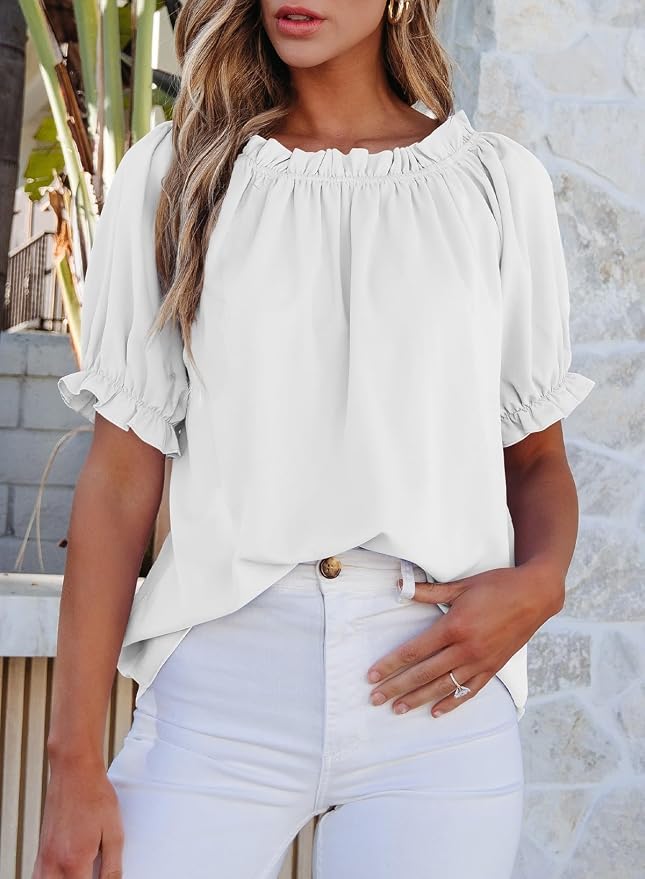 EVALESS Womens Tops Off The Shoulder Blouses for Women Dressy Casual Cute Puff Sleeve T Shirts Fashion 2026