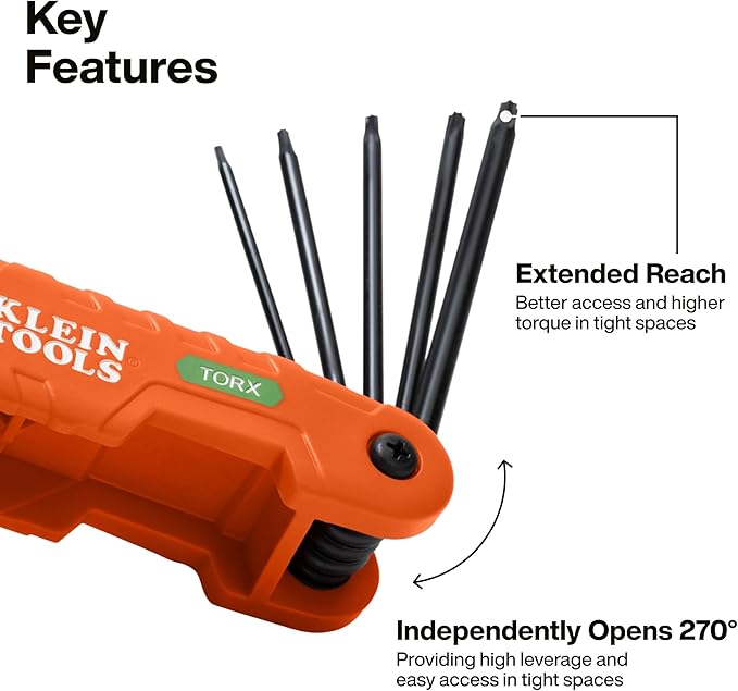 Klein Tools 70550T Pro Folding Hex Key Set, 10-Key Torx Sizes T6 to T40, Heat-Treated Alloy Steel, High-Leverage Blades
