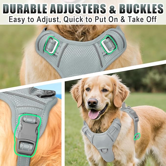 BARKBAY No Pull Dog Harness Large Reflective Dog Harness with Front Clip and Easy Control Handle for Walking Training Running with ID tag Pocket(Grey,L)
