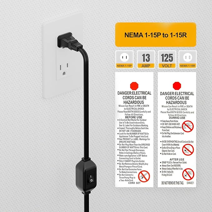 On Off Switch Extension Cord [2-Feet], 2-Prong Polarized Extension Cord with Switch 12A/125V for Your Chargers/Lamp/Power Adapters etc, 16AWG Cord