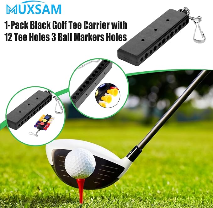 MUXSAM Black Golf Tee Holder for Bag, 1-Pack Golf Tee Carrier with 12 Tee Hole 3 Ball Markers Holes Keychain Golf Accessory