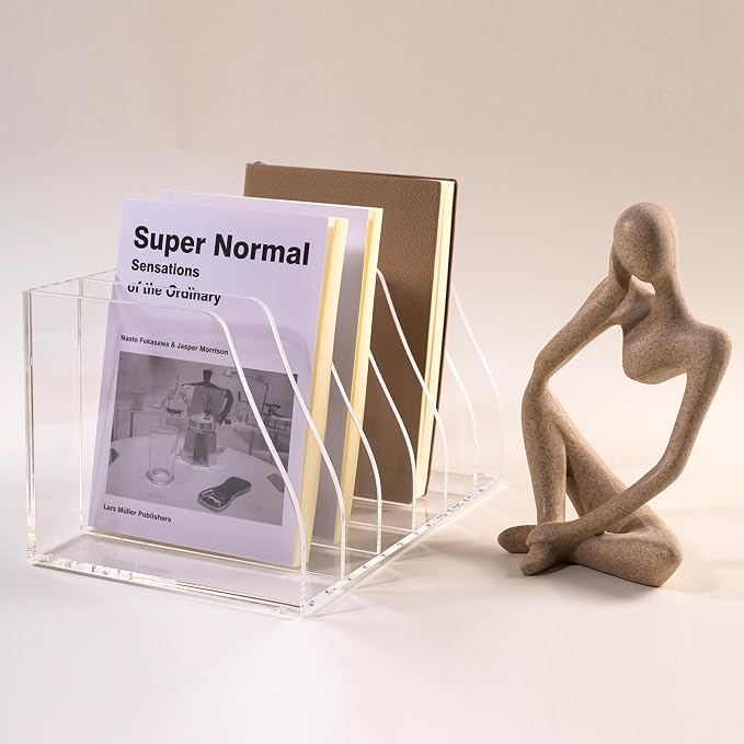 Acrylic Magazine File Holder, 6 Vertical Compartments Desk Document Sorter Organizer, Clear Folder Rack Binder for Office/Home/Classroom, for Documents, Tablet, Magazines, Books & Accessories