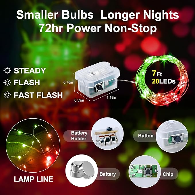 Aogist 100 Pack Fairy Lights 3 Modes 7ft 20 LED Waterproof,Battery Operated Silver Wire Firefly Starry Moon Mini String Lights for Mason Jars Christmas DIY Crafts Wedding Party Bedroom,Red&Green