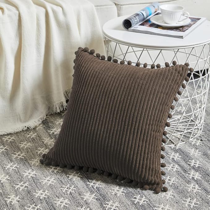 Fancy Homi Pack of 2 Dark Brown Decorative Throw Pillow Covers 24x24 Inch with Pom-poms for Couch Bed, Soft Corduroy Solid Square Cushion Case 60x60 cm, Farmhouse Boho Home Decor