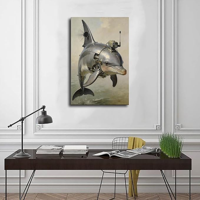 Framed Steampunk Mechanical Dolphin Wall Art - Marine Retro-Futuristic Poster for Beach House Living Room Decor 16x24inch(40x60cm)