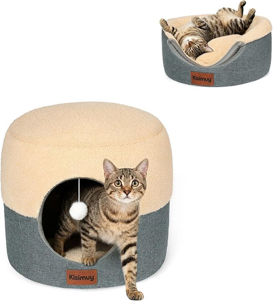 Cat Cave Bed for Indoor Cats & Kittens, 2-in-1 Foldable Cat Couch & Lounger for Small & Medium Cats with Reversible Cushion - Calming Anti-Anxiety Pet House, Soft Plush & Anti-Slip Bottom, 15.7 Inch