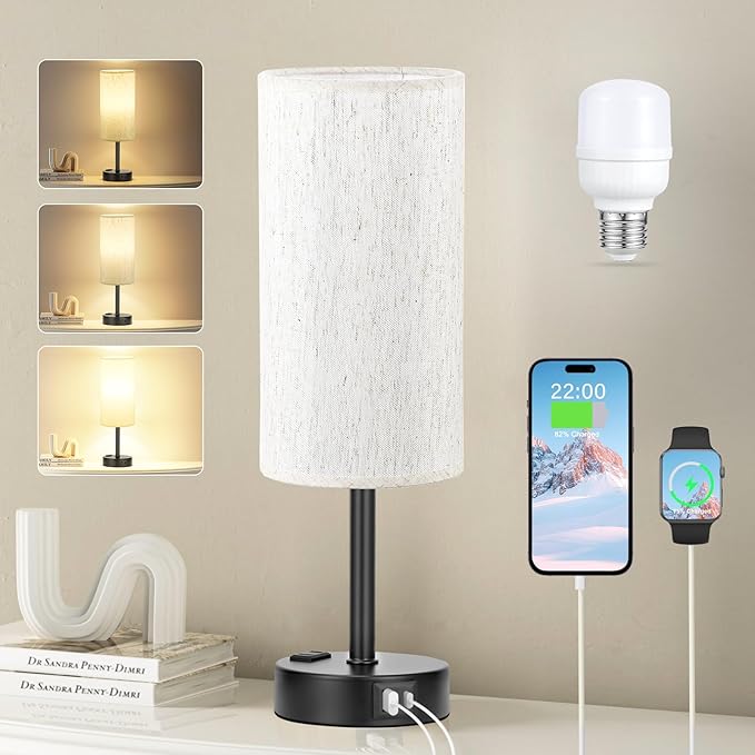 Light Beige Table Lamp for Nightstand - 3 Way Dimmable Bedside Lamp for Bedroom with USB C A Charging Ports and AC Outlet, Small Desk Lamp with Black Base for Living Room, Office, LED Bulb Included