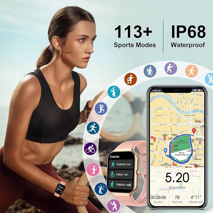 Jugeman Smart Watch for Women, 1.96" HD Smartwatch (Answer/Make Call) with Heart Rate/Sleep Monitor/Pedometer Fitness Watch 113+ Sport Modes, IP68 Waterproof Activity Tracker for Android iOS