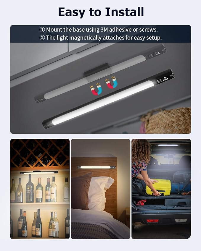 Under Cabinet Lights, 3 Color Dimmable Motion Sensor Light Indoor, 14 Inch Wireless Closet Lights 64 LED with Digital Display, 3600mAh Rechargeable Battery Operated Under Counter Light