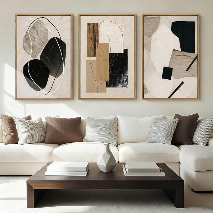 BINCUE Abstract Modern Wall Art Decor Framed Neutral Painting Prints Artwork for Living Room Bedroom 16x24 Inch Set of 3