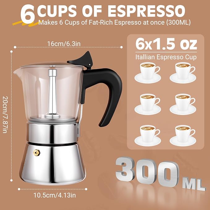 6 Cup 300ml Glass Moka Pot, Stovetop Espresso Maker, Silver | Crystal Glass-top & Stainless Steel Coffee Maker, Induction Compatible, for Greca de Cafe, Cuban and Italian Coffee Brewing