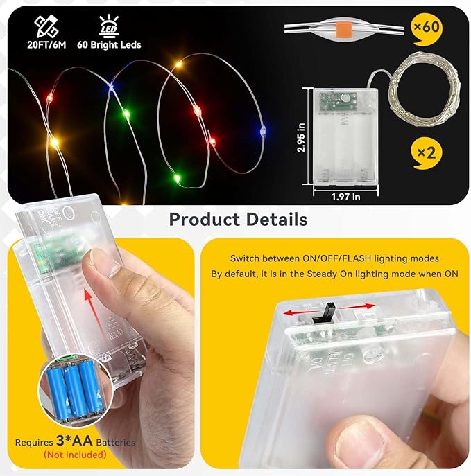 LitHome 2 Pack Multicolor Fairy Lights Battery Operated, 20 FT 60 LED Twinkle Lights Battery Operated 2 Modes, Waterproof Led Fairy String Light for Indoor Outdoor Christmas Wedding Bedroom Decor