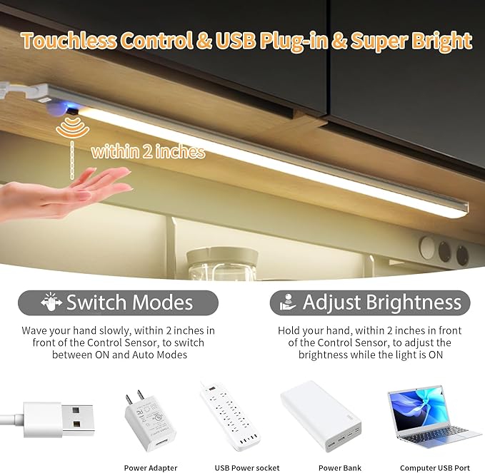 Improved 15.7" Touchless USB Plug-in LED Motion Sensor Under Cabinet Light, Super Bright & Dimmable, Motion Sensor Light Indoor for Kitchen, Cabinet, Closet, Pantry - Warm 2Pack