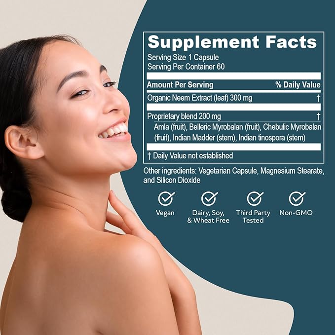 ruved SkinTrio - Neem Pills, Neem Supplement, Neem Capsules with Organic Neem Extract & Amla for Acne, Clear Skin Supplement - 60 Vegetarian Capsules (1 Count)