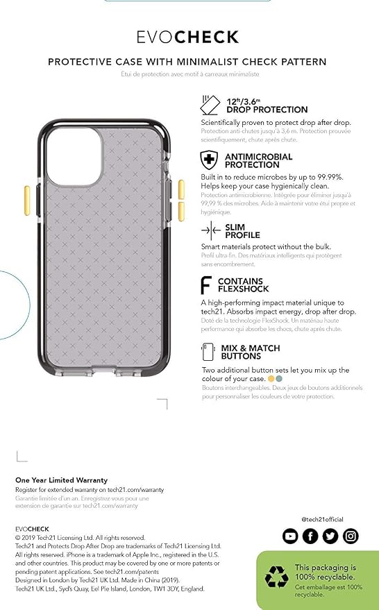 tech21 Evo Check for Apple iPhone 11 - Germ Fighting Antimicrobial Phone Case with 12 ft. Drop Protection