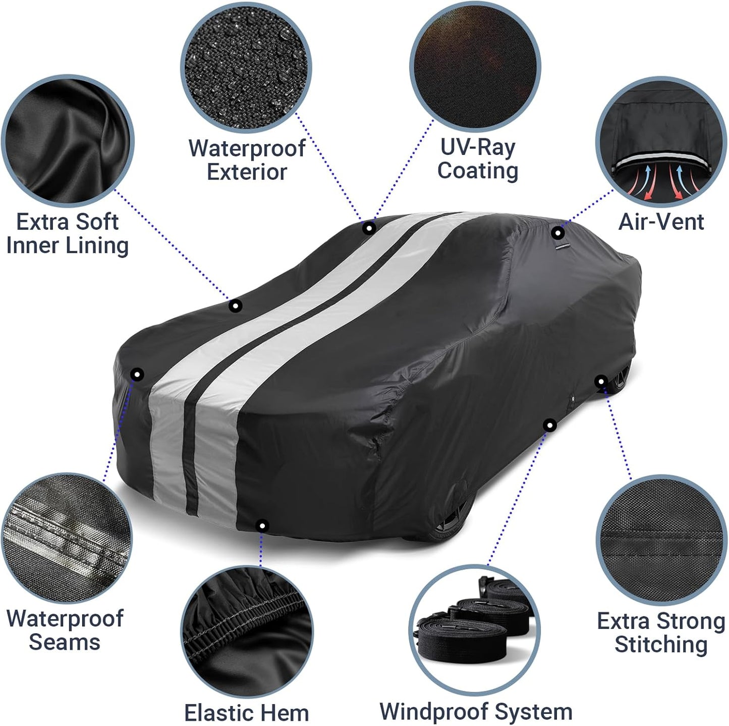 iCarCover Custom Car Cover for Buick Special (1961-1963) Waterproof All-Weather Rain Snow UV Sun Protector Full Exterior Indoor Outdoor Car Cover (Stripe - Black/Gray)