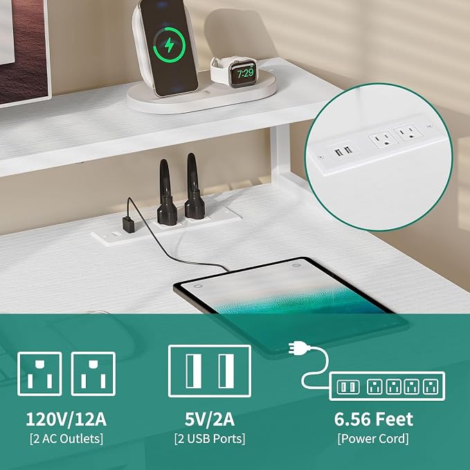 DWVO Office Desk with Drawers, 47" Computer Desk with Power Outlets & LED Light, Home Office Desk with Storage & Monitor Stand, White | Built-In Power Outlets, Led Light, Monitor Stand, Storage Space, For Home Office Study, Easy Assembly