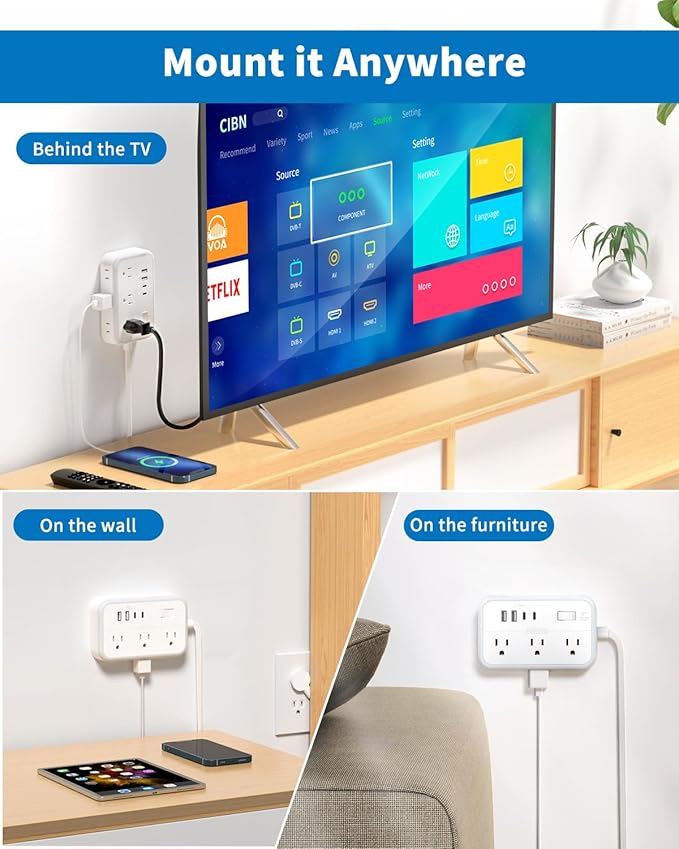 Power Strip with 6 Outlets 4 USB Ports(2USB C), Flat Extension Cord with Multiple Outlets, 1080 Joules, 5 ft Flat Plug Outlet Extender for Indoor, Office Supplies, Dorm Room Essentials